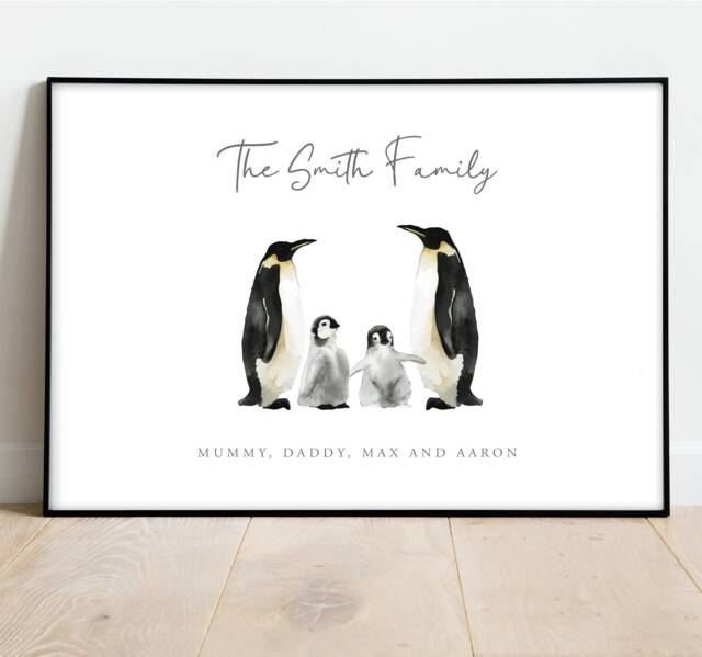 Personalised Penguin Family Print - Custom Home Wall Art Art - Digital Download Available A4 Size - image 1