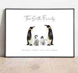 Personalised Penguin Family Print - Custom Home Wall Art Art - Digital Download Available A4 Size - thumbnail 1