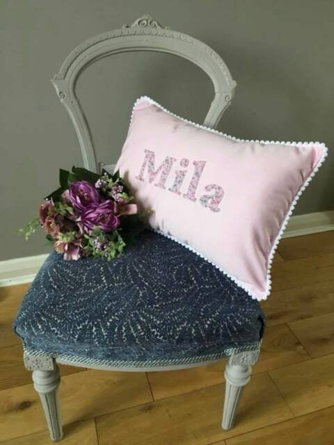 Handmade Floral Name Pillow, Personalised Baby Cushion, Pink Nursery Decor - image 1
