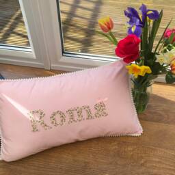 Handmade Floral Name Pillow, Personalised Baby Cushion, Pink Nursery Decor - thumbnail 3