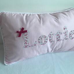 Handmade Floral Name Pillow, Personalised Baby Cushion, Pink Nursery Decor - thumbnail 2