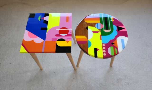 Abstract Acrylic Painted Side Tables Handmade Multicolor Wood Resin Coffee Table - image 1
