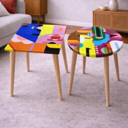 Abstract Acrylic Painted Side Tables Handmade Multicolor Wood Resin Coffee Table - thumbnail 4