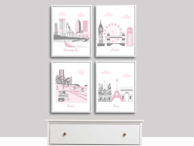 Nursery Wall Art Prints, Baby Girl Travel Theme, Set Of 4 - image 1