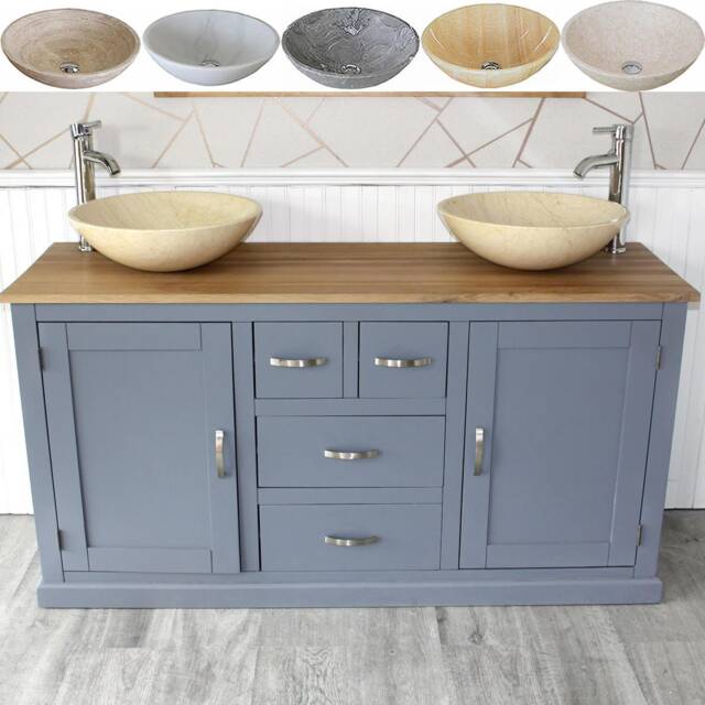 Grey Painted Bathroom Vanity Unit Cabinet Marble Travertine Bowl Basin Tap Plug 603Gsbcx2 - image 1