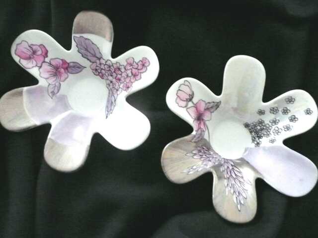 2 Hand-Painted Porcelain 6-Petal Flower-Shaped Candlesticks Pink Flowers, Embossed Silver, Foliage & Chandeliers - image 1