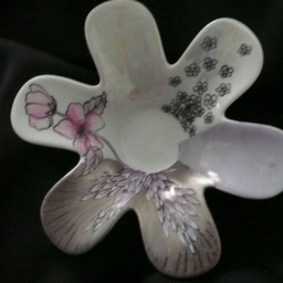 2 Hand-Painted Porcelain 6-Petal Flower-Shaped Candlesticks Pink Flowers, Embossed Silver, Foliage & Chandeliers - thumbnail 3