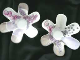 2 Hand-Painted Porcelain 6-Petal Flower-Shaped Candlesticks Pink Flowers, Embossed Silver, Foliage & Chandeliers