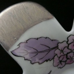 2 Hand-Painted Porcelain 6-Petal Flower-Shaped Candlesticks Pink Flowers, Embossed Silver, Foliage & Chandeliers - thumbnail 4