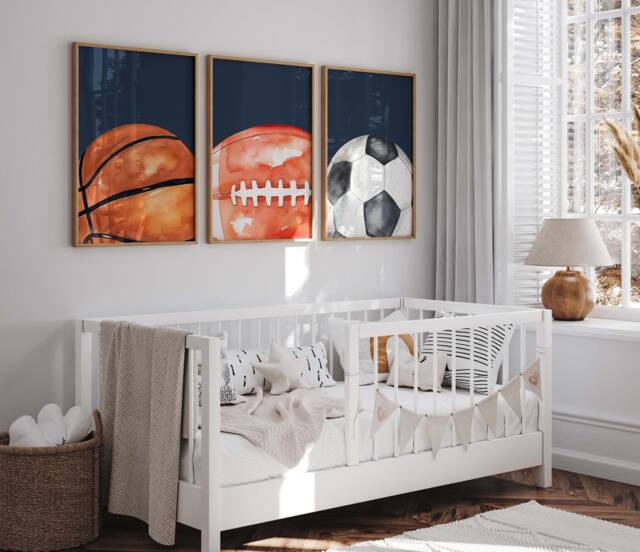 Sports Balls Nursery Prints Watercolor Art, Set Of 3 - image 1
