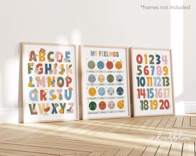 Set Of 3 Educational Nursery Prints in Rainbow Colours, Feelings Print, Alphabet & Numbers Chart, Neutral Scandi Playroom - image 1