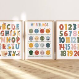 Set Of 3 Educational Nursery Prints in Rainbow Colours, Feelings Print, Alphabet & Numbers Chart, Neutral Scandi Playroom - thumbnail 2