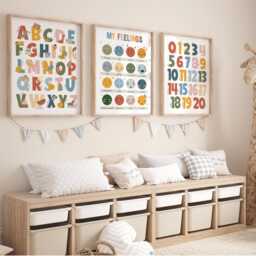 Set Of 3 Educational Nursery Prints in Rainbow Colours, Feelings Print, Alphabet & Numbers Chart, Neutral Scandi Playroom - thumbnail 3