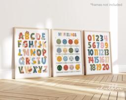 Set Of 3 Educational Nursery Prints in Rainbow Colours, Feelings Print, Alphabet & Numbers Chart, Neutral Scandi Playroom - thumbnail 1