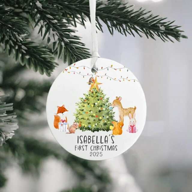Personalised Baby's First Christmas Ornament Adorable Woodland Animal Decoration For Newborn's Xmas Tree Bauble - image 1