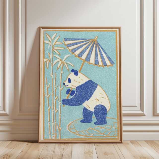 Blue Green Panda Poster Art - Folk Style Animal Illustration Asian Bamboo Umbrella Print - image 1