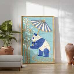 Blue Green Panda Poster Art - Folk Style Animal Illustration Asian Bamboo Umbrella Print - thumbnail 3