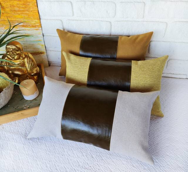 Color Block Lumbar Pillow Cover Faux Leather & Linen Cushion - image 1