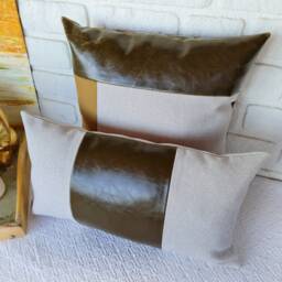 Color Block Lumbar Pillow Cover Faux Leather & Linen Cushion - thumbnail 3