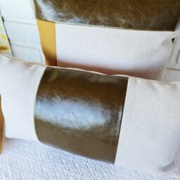 Color Block Lumbar Pillow Cover Faux Leather & Linen Cushion - thumbnail 2