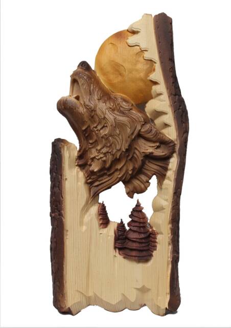 Wolf Carved On Wood Carving With Bark Hand Made Gift Wall Hanging For The Wolves Lovers Oak A Hunter Cabin Deco