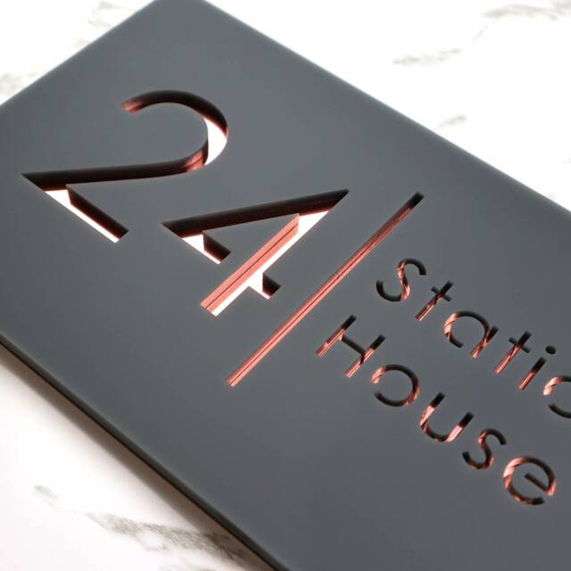 K Smart Sign - Bellissima H2 Laser Cut Matt Dark Gray Anthracite & Rose Gold Mirror Floating House 300mm X 160mm - image 1