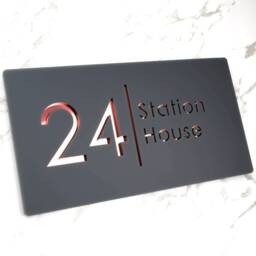 K Smart Sign - Bellissima H2 Laser Cut Matt Dark Gray Anthracite & Rose Gold Mirror Floating House 300mm X 160mm - thumbnail 2