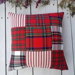 Navy Patchwork Pillow Cover, Farmhouse Covers, Plaid Rustic Tartan Sham, Navy Cover - thumbnail 4