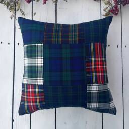 Navy Patchwork Pillow Cover, Farmhouse Covers, Plaid Rustic Tartan Sham, Navy Cover - thumbnail 3