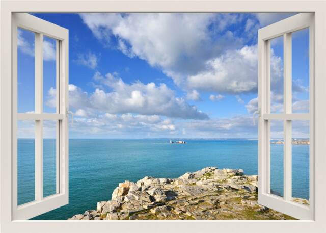 Sea View Wall Decal, Rocks Near The 3D Window Nature Mural, From Home Mural