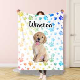 Personalized Pet Photo Blanket With Paw, Soft Blanket, Picture With Name, Memorial Dog Blanket Cat Gift Thermal - thumbnail 1