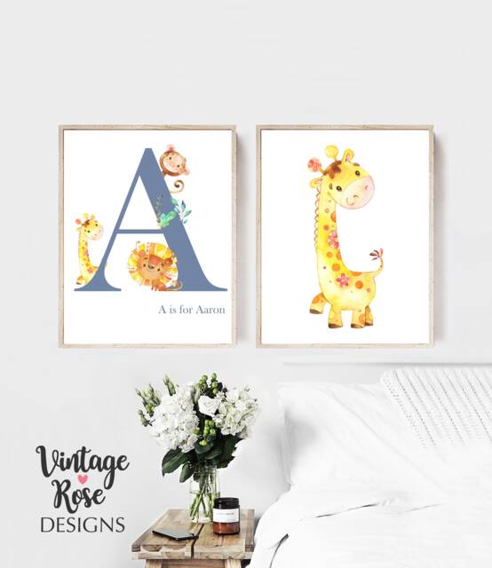Safari Nursery Decor, Jungle Animal Prints, Personalised Name Print, Theme, Boys Wall Art, Gift For New Baby, Decor - image 1