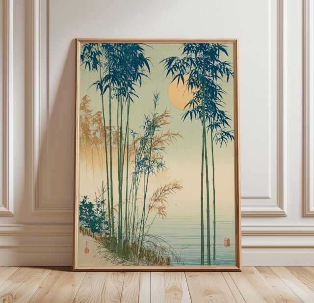 Japanese Bamboo Forest Poster, Moonlit Zen Wall Art, Misty Nature Print - image 1