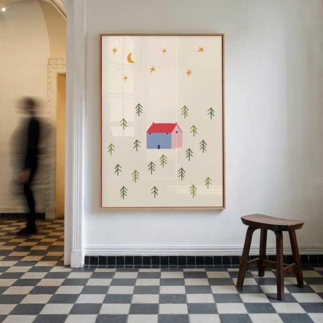 Whimsical House in The Woods Fine Art Nursery Print, Moon Stars Forest Illustration, Scandinavian Nursery, Unframed, A1/A2/A3/A4/A5 - image 1