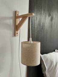 Transparent Hanging Wall Light With Wooden Bracket & Plain White/Off-White/Ecru Beige Lampshade in Linen Cotton Canvas
