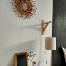 Transparent Hanging Wall Light With Wooden Bracket & Plain White/Off-White/Ecru Beige Lampshade in Linen Cotton Canvas - thumbnail 2