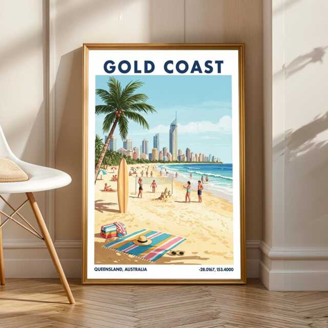 Gold Coast Beach Art Print - Australia Poster Queensland Wall Retro Australian Travel Living Room Office Decor - image 1