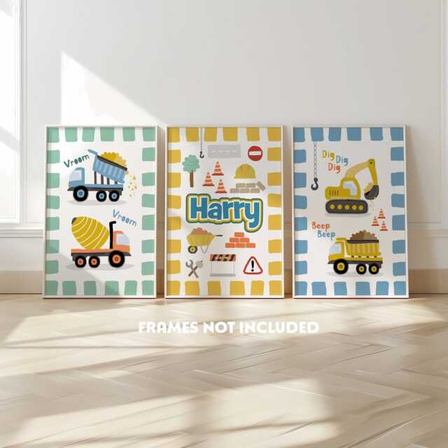 Trucks & Diggers, Set Of 3, Boys Nursery Prints, Construction Vehicle, Bedroom Building, Kids Playroom Decor, Children's Wall - image 1
