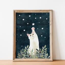 White Cat Poster, Custom Name, Celestial Wall Art, Pet Memorial Gift, Kitten Painting - thumbnail 1