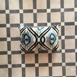 Blue Ikat Velvet Lumbar Pillow Cover Handwoven Ethnic Cushion - thumbnail 2