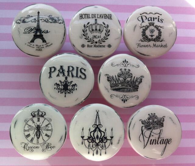 New Vintage Drawer Knobs Pulls Paris France Shabby Chic Cottage French Provincial White Refinished Dresser Chandelier Crown Eiffel Tower - image 1