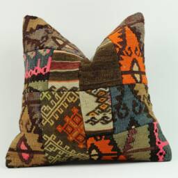 Vintage Turkish Kilim Pillow Cover 16In Patchwork Wool Cushion - thumbnail 2