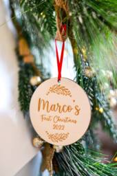Personalised Baby's First Christmas Tree Wooden Ornament 2025 With Satin Ribbon - Engraved Poplar Plywood
