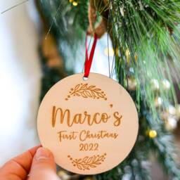 Personalised Baby's First Christmas Tree Wooden Ornament 2025 With Satin Ribbon - Engraved Poplar Plywood - thumbnail 2