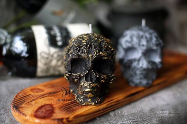 Black Gold Grey Skull Candle /Home Decor/Halloween Monochrome Gothic Witchy - image 1