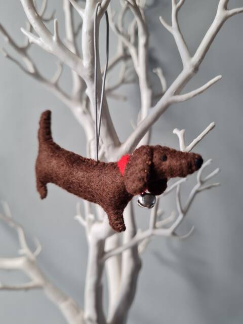 Brown Dachshund, Sausage Dog Decoration. Hanging Wool Felt Decoration For Christmas Tree. Handmade Decoration, Xmas Tree Ornament - image 1