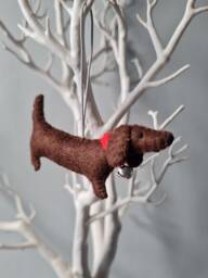 Brown Dachshund, Sausage Dog Decoration. Hanging Wool Felt Decoration For Christmas Tree. Handmade Decoration, Xmas Tree Ornament