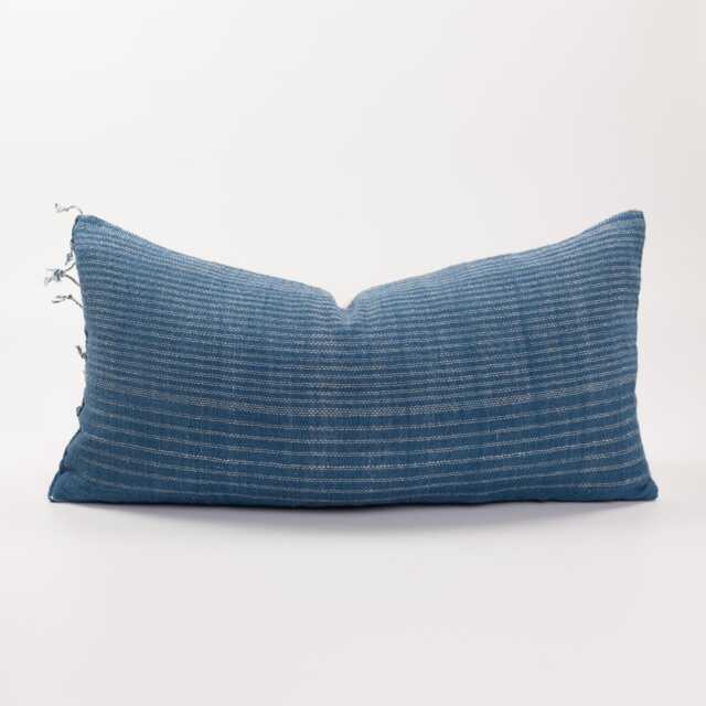 Woven Indigo Lumbar Pillow, Striped Ethnic Cushion With Tassels - image 1