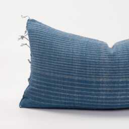 Woven Indigo Lumbar Pillow, Striped Ethnic Cushion With Tassels - thumbnail 2