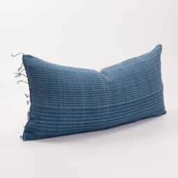 Woven Indigo Lumbar Pillow, Striped Ethnic Cushion With Tassels - thumbnail 3